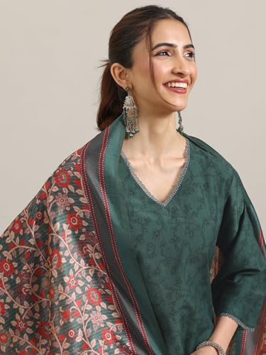 Image of Libas Green Printed Silk blend A Line Kurta set for Women | daily wear suit