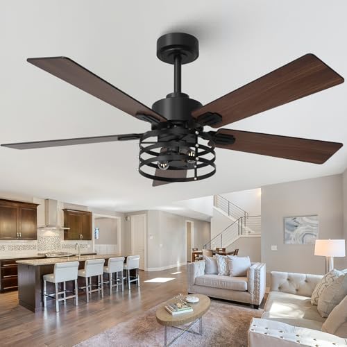 52" Farmhouse Ceiling Fans with Lights and Remote, Outdoor Ceiling Fan Dual Finish 5 Blades 6-Speed Quiet and Reversible DC Motor, Ceiling Fan with Light for Bedroom Living Room and Patio