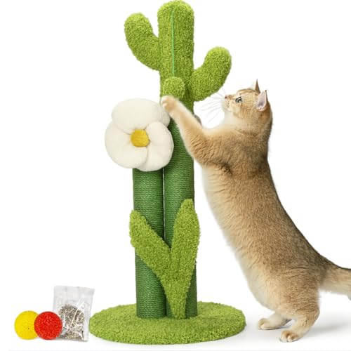 Happi N Pets 33 Tall Cactus Cat Scratching Post for Large Cats Heavy Duty Double Scratch Posts with Flower & Crinkle Leaves Cactus Cat Tree with 2 Bonus Toy & Catnip Green Stable Scratching Post