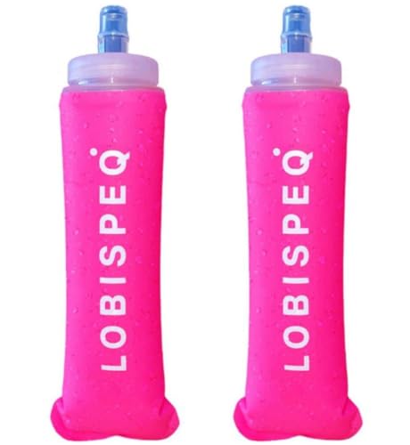 LOBISPEQ®️ - Pack de 2 Soft Flask 500ml con Correa Libre de BPA | Botellas Blandas Hidratación de TPU | Botella Agua Plegable Para Running, Trail Running o Cualquier Deporte (BOCA ANCHA, ROSA)