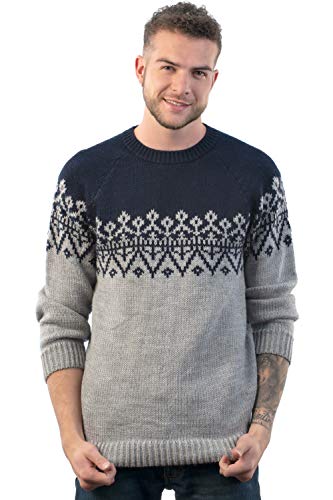 Intialpaca Handmade Crewneck Blue and Gray Alpaca Sweater for Men Olympus