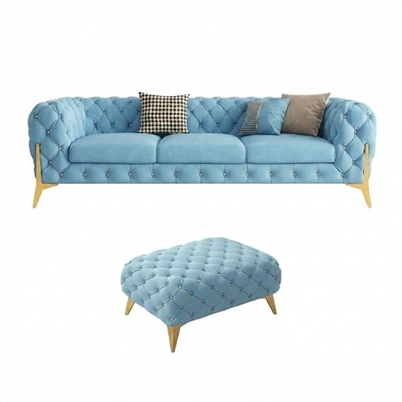 Image of A to Z Furniture Modern Classic Fabric & Valvet Tufted Chesterfield Sofa Living Room and Office (3+1= 4 Seater Sofa Set with Footrest Sky-Blue)