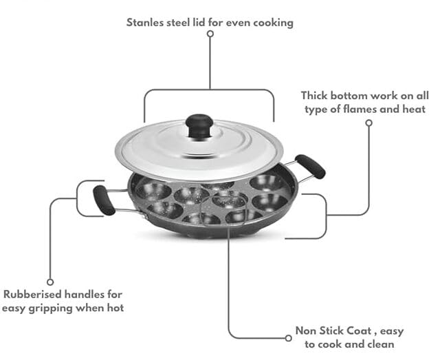 Garden Of Arts Non-Stick Aluminium Appam Pan, Paniyarakkal Paniyaram Appam Pan Pan Cake Maker Ponganal Maker Paddu Tawa 12 Cavity, with Stainless Steel Lid and Double Handles (Black) - Image 3 thumbnail