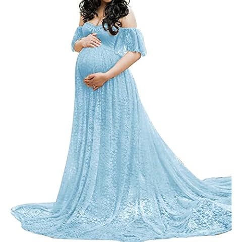 Maternity Off Shoulder Ruffle Sleeve Lace Wedding Gown Maxi Photography Dress Cover