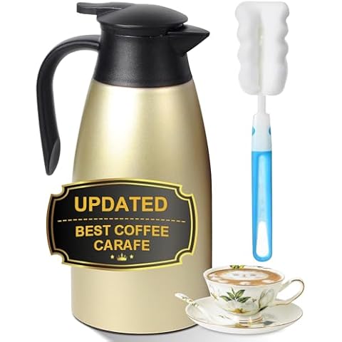 Updated 70 Oz Thermal Coffee Carafe, 2.1L nsulated Stainless Steel Coffee Carafes for Keeping Hot Coffee & Tea Hot Beverage-12Hours, Double Walled Vacuum Coffee Carafe (Gold) Cover