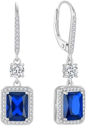 FJ Princess Cut Dangle Drop Earrings 925 Sterling Silver Halo Square Leverback Earrings Birthstone Jewellery Gifts for Women Girls