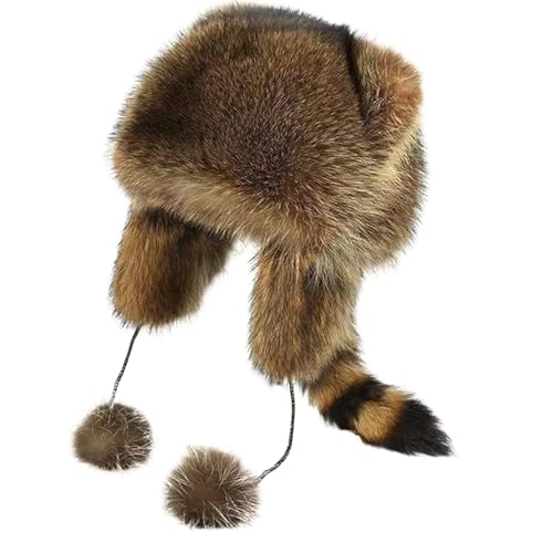 Raccoon Hat for Kids, Soft Cozy Thick Warm Furry Hat, Cute Coonskin with Tail, Adjustable Scene for Cold Weather, M