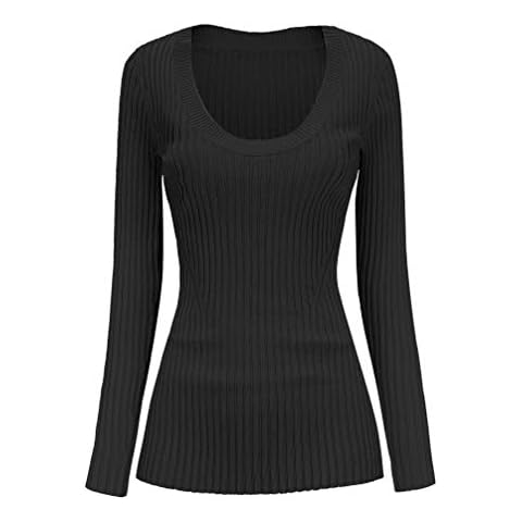v28 Women Scoop Neck U-Neck Knit Long Sleeve Slim Fit Ribbed Sweater Tops (M, Black) Cover