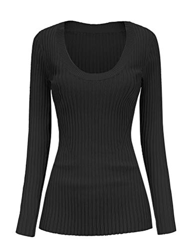 V28 Women Scoop Neck U-Neck Knit Long Sleeve Slim Fit Ribbed Sweater Tops cover