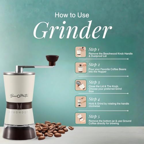 Image of Stainless Steel Manual Coffee Grinder, 80 Grams Bean Capacity | Stainless Steel Burr,Borosilicate Glass Jar, 8 Grind Settings,Beechwood Knob,For Drip Coffee,Espresso,Cappuccino,French Press
