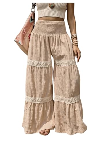 GORGLITTER Women's Flowy Linen Pants Smocked High Waisted Palazzo Wide Leg Boho Beach Trousers