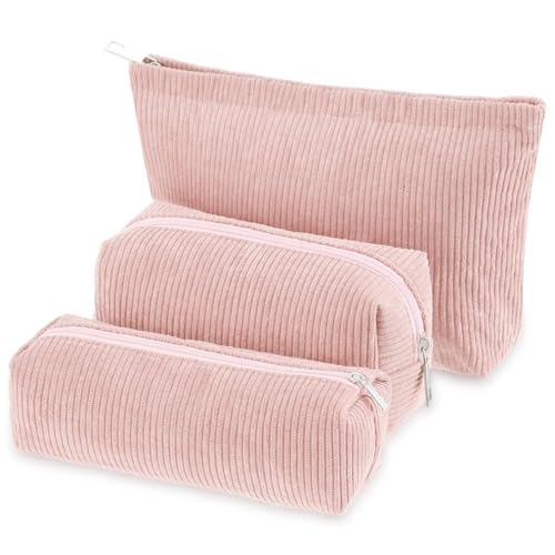 Hshenjhu 3 peças de necessidade de maquilhagem portátil, bolsa de cosméticos de veludo com fecho de correr, mulher precisa de viagem para cosméticos e acessórios, para meninas (rosa)