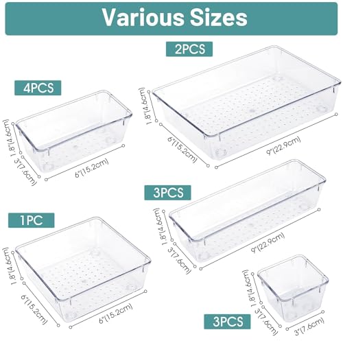 WOWBOX 13 PCS Clear Plastic Drawer Organizer Set, 5 Sizes Desk Drawer Divider Organizers and Storage Bins for Makeup, Jewelry, Gadgets for Kitchen, Bedroom, Bathroom, Office