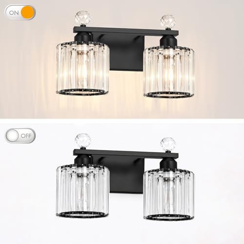 Image of Lxybcce Modern Crystal Bathroom Vanity Light, 14In 2-Lights Bathroom Light Fixtures, Black Vanity Light Fixtures Over Mirror, Easy Installation & Shadow-Free Illumination for Bathroom Mirror Decor