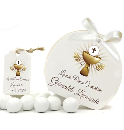 Mr Pubblicità - kit da 75 pezzi PERSONALIZZATI (stampa inclusa)- 25 Scatoline Portaconfetti + 25 Tag Bigliettini + 25 Nastrini - Per Prima Comunione, Bomboniera, Sacchetto, Fazzoletti, confetti.