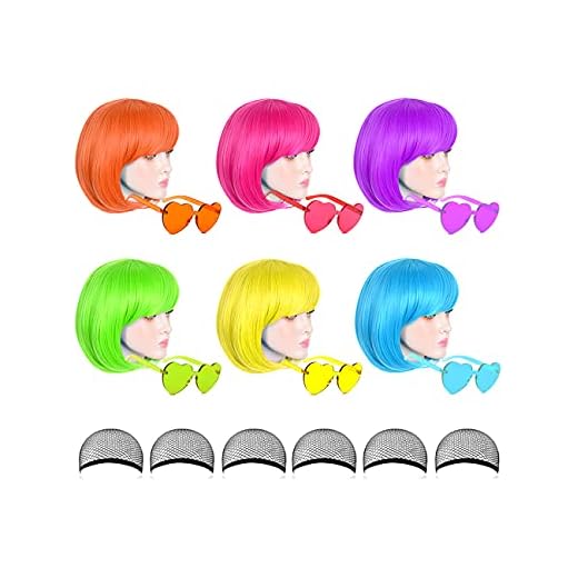 LOHO MAGICA 6 Pack Colored Wigs, Funky Colorful Wigs, Short Bob Hair Wig, Neon Party Wigs with Rimless Heart Sunglasses