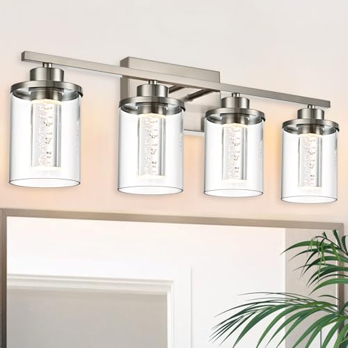 Image of 4-Light Modern Bathroom Light Fixtures Over Mirror,Brushed Nickel Led Vanity Lighting Fixtures with 5CCT Dimmable LEDs,Clear Glass Shades &Wall Sconces Lighting Design for Bedroom,Livingroom