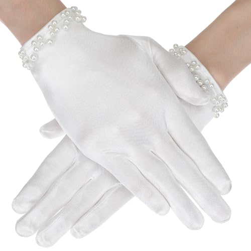 Xinjoduz 1 Pair White Satin Gloves Women Formal White Lace Gloves for Tea Party Wedding Bridal, Elegant Short Wrist Pearl Glove for 1920s Fashion Accessories