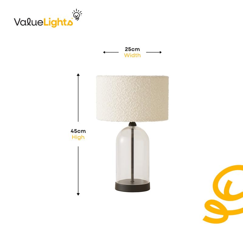 ValueLights | Glass and Black Metal Bedside Table Lamp with a Cream Boucle Lampshade + LED Bulb | Home Décor, Bedside & Desk Lamp | Includes Bulb - Image 5