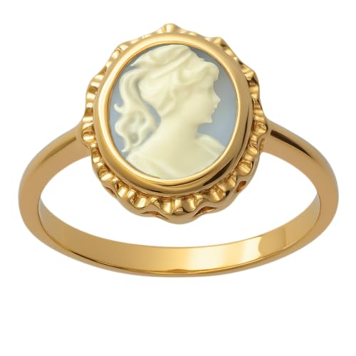 Bague Camée Femme Plaqué OR 18K Rétro Vintage – Bijou Cameo Résine Bleu Clair Profil Grec/Romain – Bague Statement Hypoallergénique