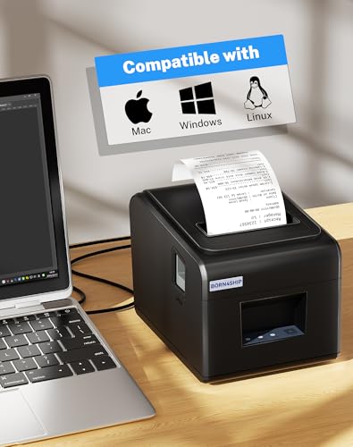 BORN4SHIP Bondrucker 80mm, V330M Thermodrucker Belegdrucker 260mm/s Quittungsdrucker Auto-Cut Kassenschublade mit USB Serial LAN Port, Restaurant-Küchendrucker für ESC/POS, Tiefschwarz
