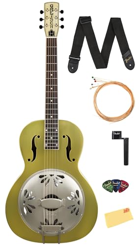 Gretsch G9202 Honey Dipper Special Round-Neck Brass Body Resonator Guitar - Bell Bronze Bundle with Strap, Strings, String Winder, Picks, and Austin Bazaar Polishing Cloth