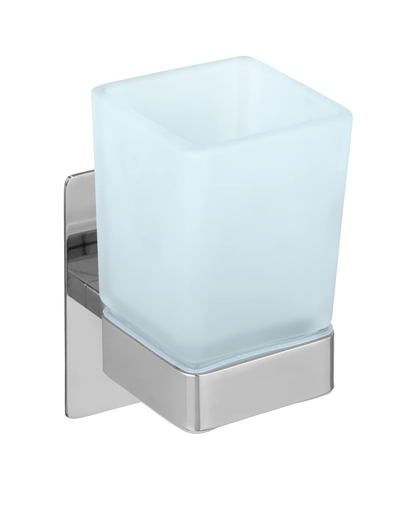 WENKO Turbo-Loc Genova Shine Toothbrush Mug, Wall Mount, No Drilling Required, with Adhesive Pad System, Stainless Steel Holder, Satin Glass Cup, 6.2 x 13.2 x 9 cm, Glossy, Rust-Proof