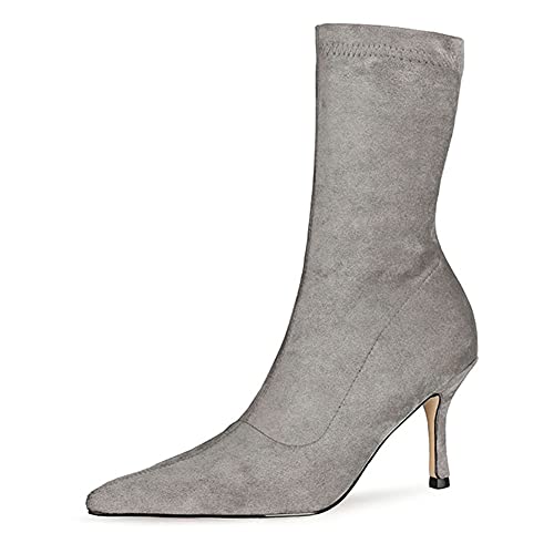 Ciuyurra Mode Femmes Bottes Elastique Ankle High Talons Kitten Bout Pointu Bottes au Genou Slouch OverBottes au Genou Soirée Fête Heels Suède Grey size 44 Cover