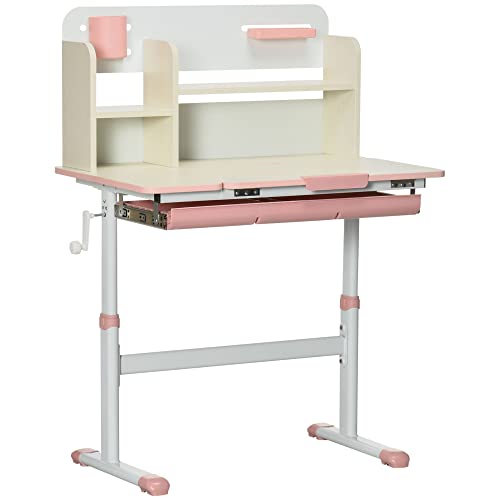 Oosofi Wooden Study Desk, Height Adjustable School StudyTable, Student Writing Desk with Tilt Desktop, Drawer, Storage Shelf, Pen Holder, Pink