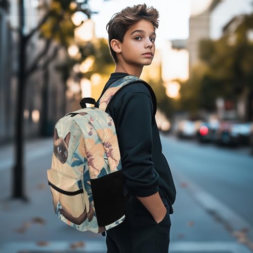 Large Capacity Elementary School Bags for Girls Cute Siamese Cat Backpacks Ages 6-12 17 Inch Lightweight Comfy Padded Back Book Bags with Front Pocket Blue3