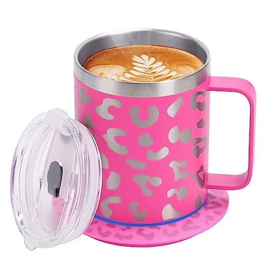Self Heating Coffee Mug 12oz,Coffee Mug Warmer Set,Heated Coffee Mug,131℉ Beverage Coffee Cup Warmer with Mug for Desk,Powered by USB DC-5V (Rose & Leopard Print)