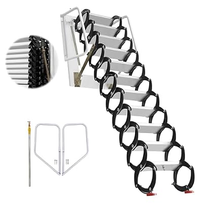 12 Steps Wall-Mounted Folding Stairs?Scissor Attic Ladder,12 ft Black Folding Stairs, Attic Ladder Pull Down System with Armrests for Attic Access