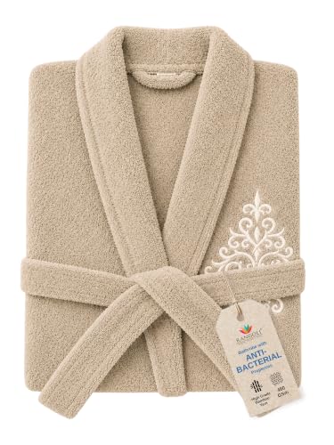 Image of RANGOLI Premium Women's Knee-Length 460 GSM Bamboo Bathrobe in Half Sleeves with 2 Pockets & Belt Closure with Ultra Soft Fabric & Skin-Friendly (Beige-S) | Royal Bamboo