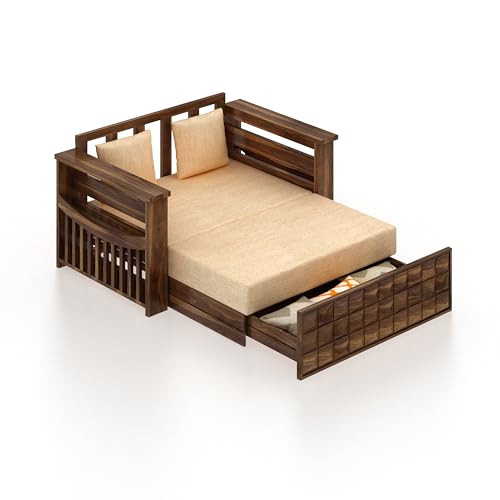 Image of Ganpati Arts Sheesham Wood Oslo 2 Seater Diamond Sofa Cum Bed with Storage and Side Pockets for Living Room Wooden Sofa Cum Bed Home Furniture 1 Year Warranty (Teak Finish)