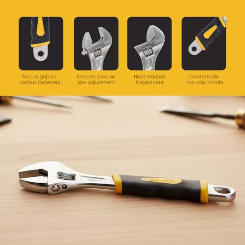 Image of 8 Inch (200mm) Adjustable Spanner Wrench (26MM MAX JAW) |SH-11073E| High Carbon Steel Forged, Polished Nickel Finish, Dual-Grip Handle, Laser Scale. For DIY and Professionals