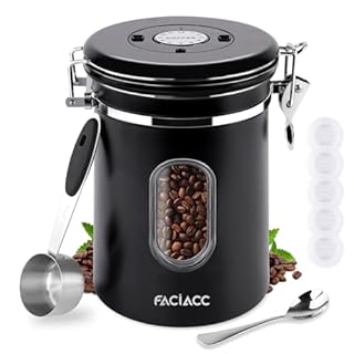 FACIACC Airtight Coffee Canister, 1800ML Stainless Steel Container with Measuring Scoop & Date Tracker for Coffee, Tea, Sugar, Nuts (Black)