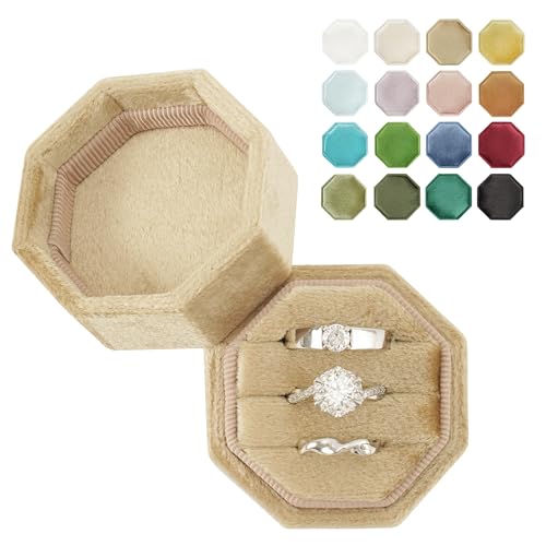 Vacfulliven Octagonal Velvet Ring Box, 3 Slots (Gold)