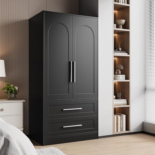iPormis Wooden Armoire Wardrobe Closet with 2 Drawers, Clothing S...