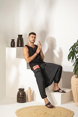 Image of The Veshti Company Cotton Baggy Pants Drop Crotch Harems for Men's Loose Boho Oversized Striped Meditation Yoga Pant with Pocket