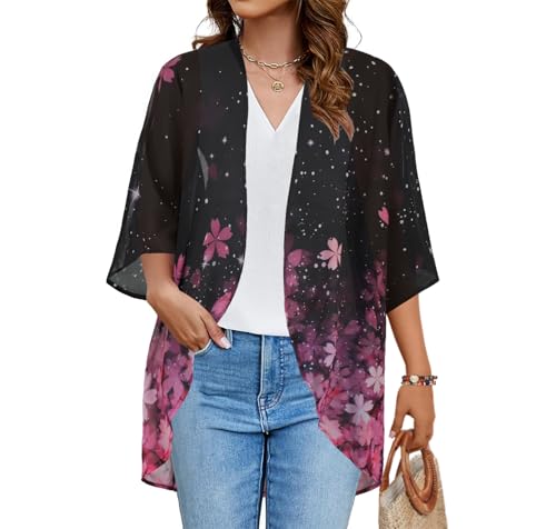 Image of Women's Floral Print Puff Sleeve Kimono Cardigan Loose Cover Up Casual Blouse Tops 2026
