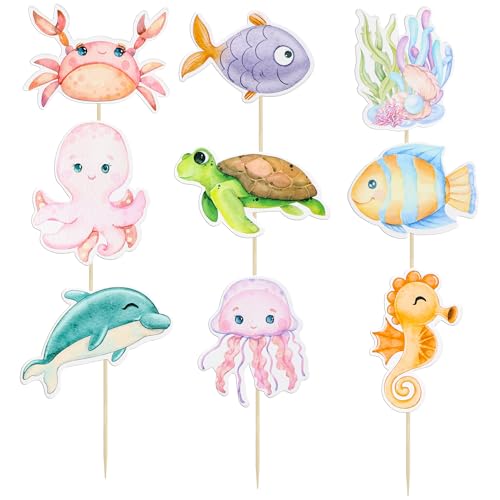 Ephlyn 36Pcs Ocean Animal Cupcake Toppers Under the Sea Turtles Octopus Cupcake Picks Seahorse Coral Cake Decorations for Under the Sea Theme Baby Shower Birthday Party Supplies by Ephlyn - Used condition - US$6.64