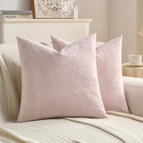 Image of FUTEI Pack of 2 Velvet Throw Pillow Covers 24x24 Inch Soft Embossed Leaf-Relief Textured Decorative European Cushion Cases Modern Natural Farmhouse Accent for Couch Bed Living Room, Pink