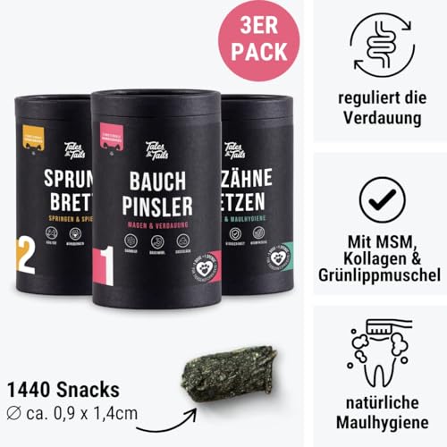 Tales & Tails - Rundum-Sorglos-Paket 3er Paket aus Snacks für Verdauung | Sprungkraft und Zahnpflege | Für Allergiker | Getreidefrei | 3 Dosen - 3 x 325g