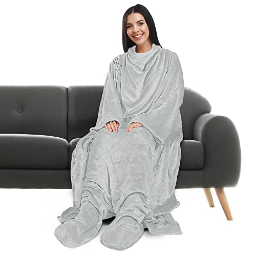 Wearable Blanket Women, Silent Night Snugsie Wearable Blanket with Sleeves and Foot Pocket, Soft Cosy Fleece Blankets for Sofa, Winter Gift for Family, 190 x 135 cm, Light Grey