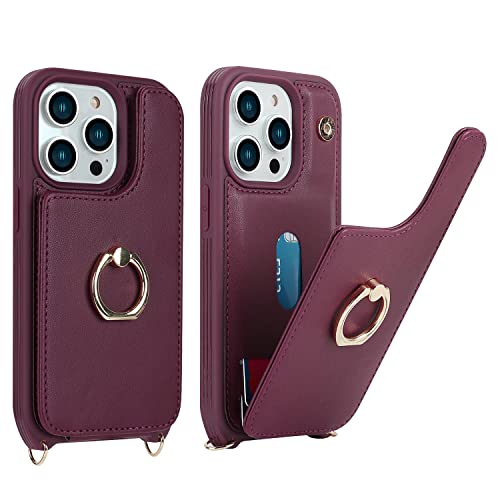 Image of for iPhone 14 Pro Case with Card Holder for Women,Phone Case with Strap,Crossbody Lanyard,RFID Blocking,Ring Stand,Snap Clasp,Cute Wallet Case 6.1 inch(Wine Red)