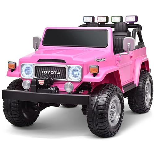Joywhale 24V 2 Seater Kids Ride on Truck Licensed Toyota Land Cruiser FJ40 4WD Battery Powered Electric Car, with 4x75W Engine, Remote Control, Soft Braking, Easy-Drag, Suspension & Car Cover, Pink