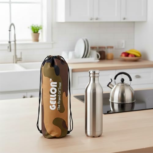 Image of Gellon Bottle Cover In Polyester Cloth For 750 ML, 1 L to 1.5 Litre Water Proof Drawstring Closer For Travel, Hiking, Office & School Kids In Light Military Color