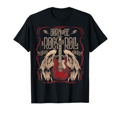 Rock & Roll Music Guitarist Clothing Co. T-Shirt Vintage Retro Style 80s Guitar avec Ailes pour Filles et Femmes, Noir, S, Coupe Classique, Manche Courte