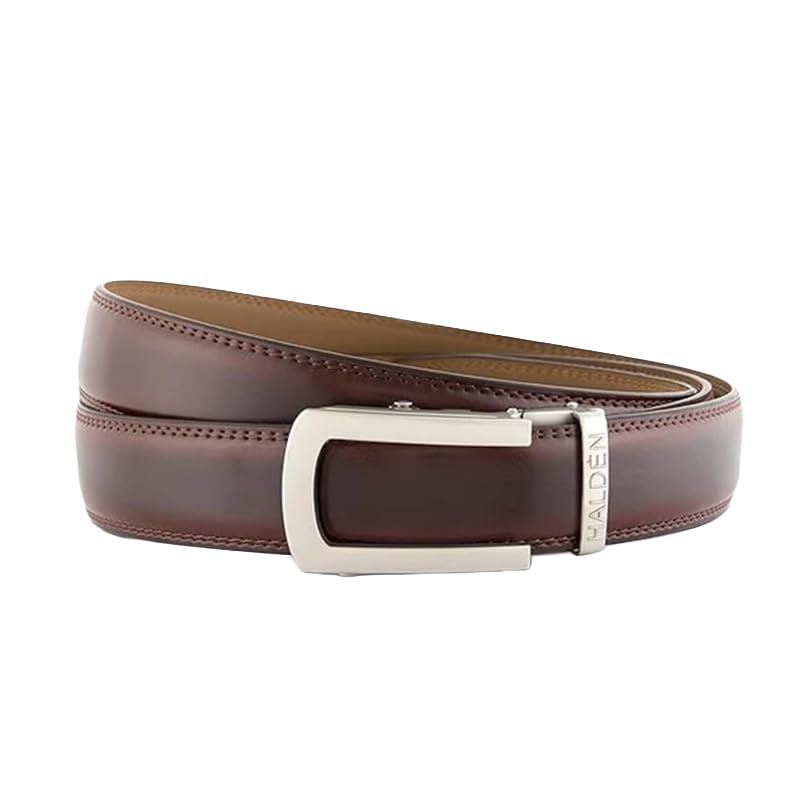 Image of HALDEN BURLEY Men's Brown Ratchet Belt | Auto-Lock Leather Formal Belt with Magnetic Buckle | Adjustable Free Size Fits Up to 44 Inch Waist