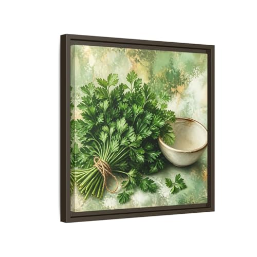 Tableau persil réaliste 40x40 cm avec cadre espresso pour cuisine
